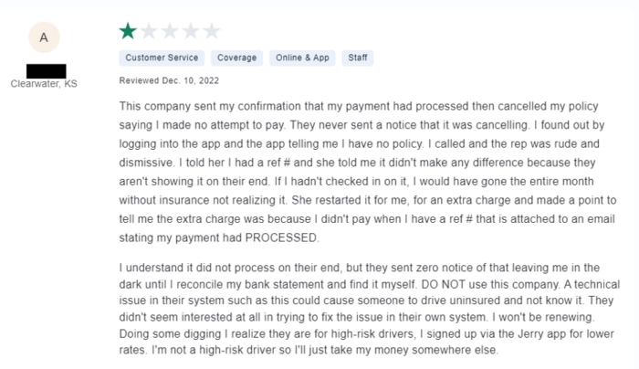 Dairyland Insurance 1-star review