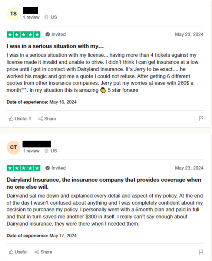 Multiple positive reviews of Dairyland Insurance