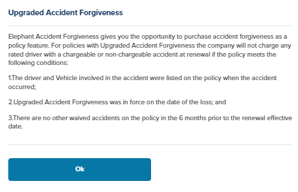 Elephant Insurance quote page explaining upgraded accident forgiveness