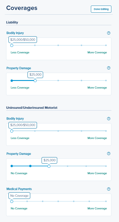 Elephant Insurance quote page allowing users to customize coverage levels
