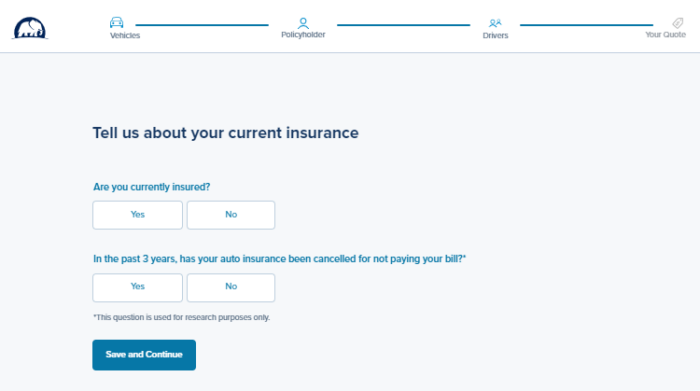 Elephant Insurance quote page requesting information about current insurance