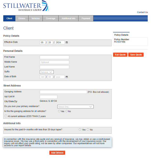 Step 2 to get Stillwater Insurance quote