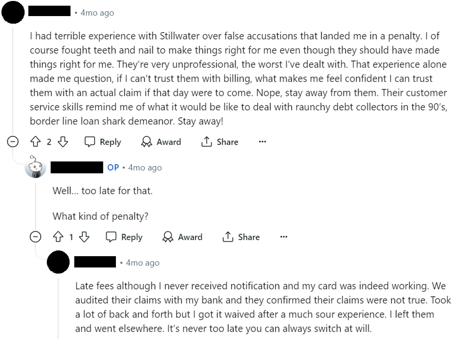 Reddit thread about Stillwater Insurance