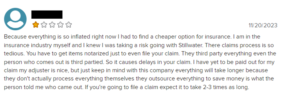 1-star review of Stillwater Insurance