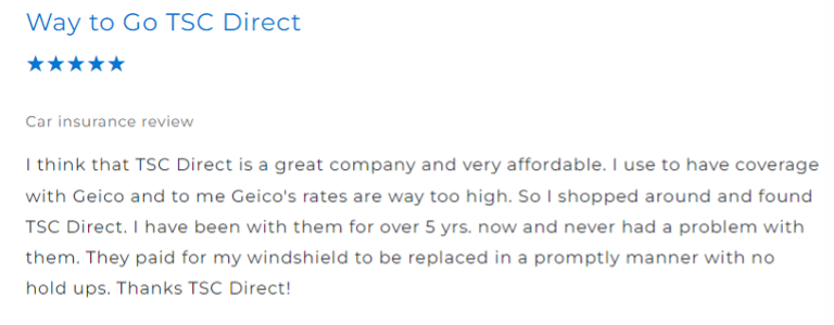 TSC Direct Insurance five-star review