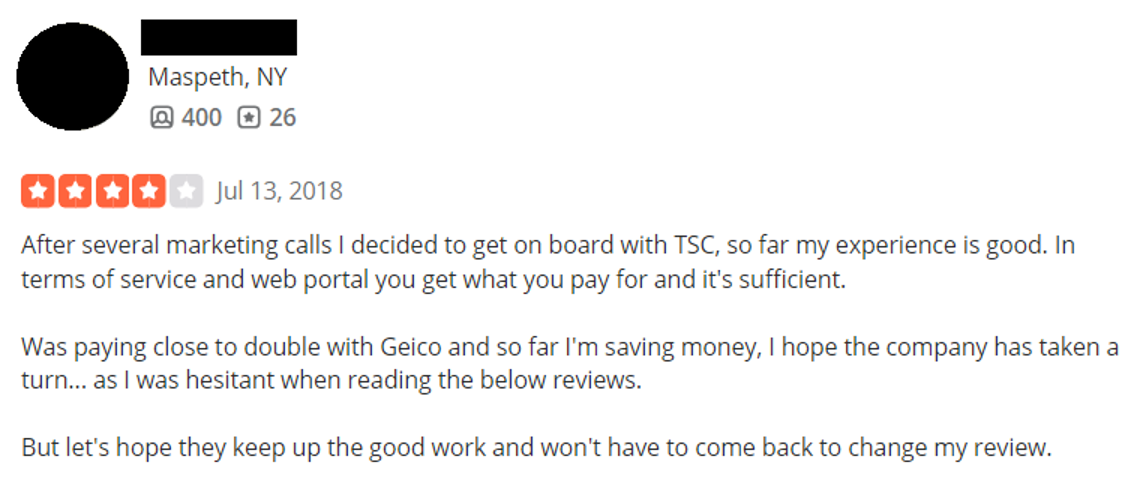 TSC Direct Insurance four-star review