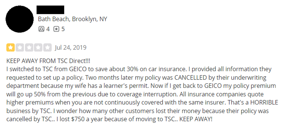 TSC Direct Insurance one-star review