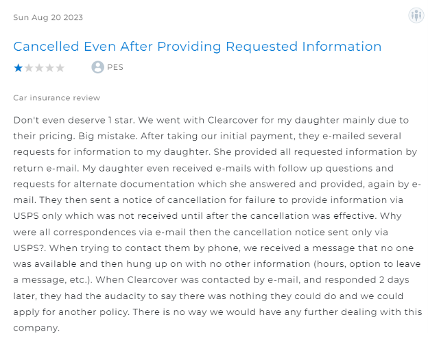 Clearcover Insurance 1-star review