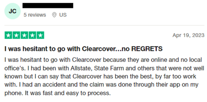 Clearcover Insurance 5-star review