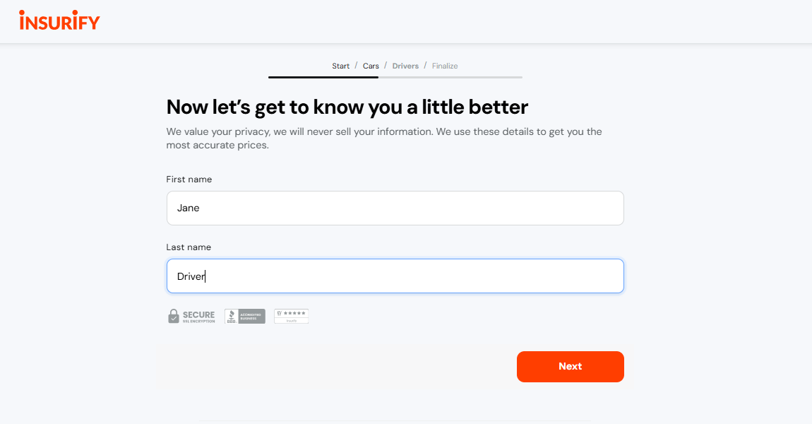 Insurify car insurance quote page requesting information about drivers