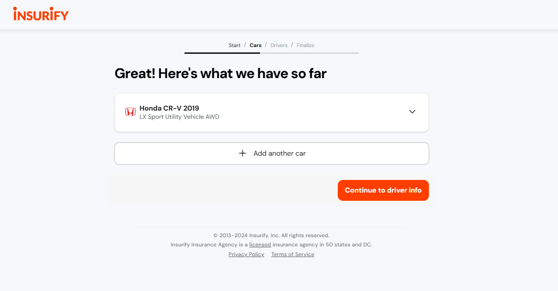 Insurify car insurance quote page overviewing your vehicle information