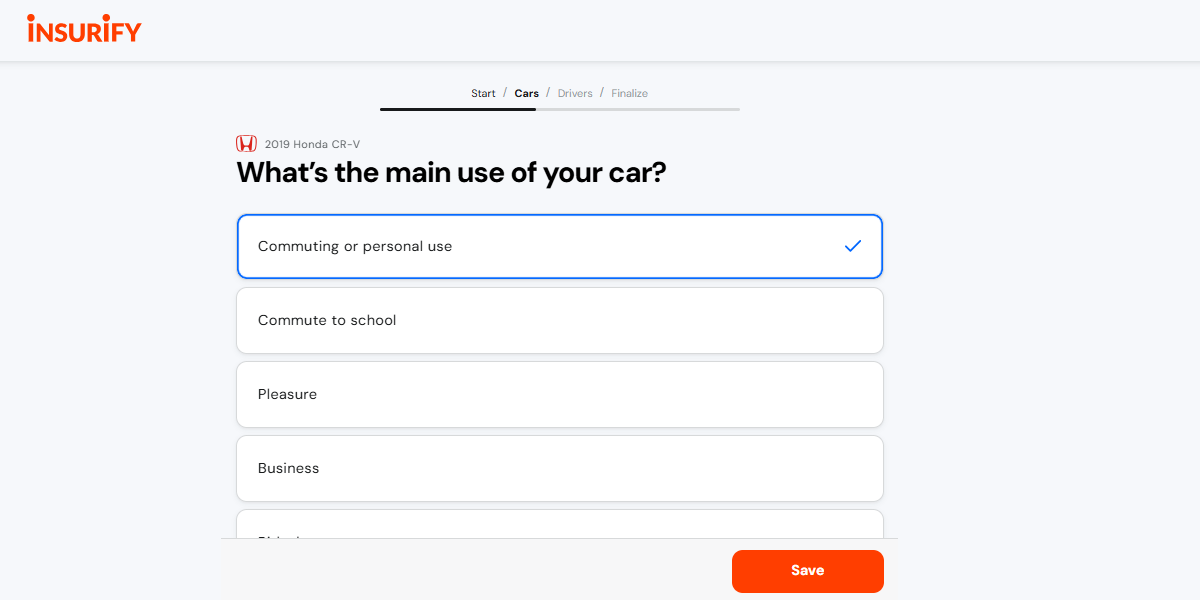 Insurify car insurance quote page requesting information about vehicle use