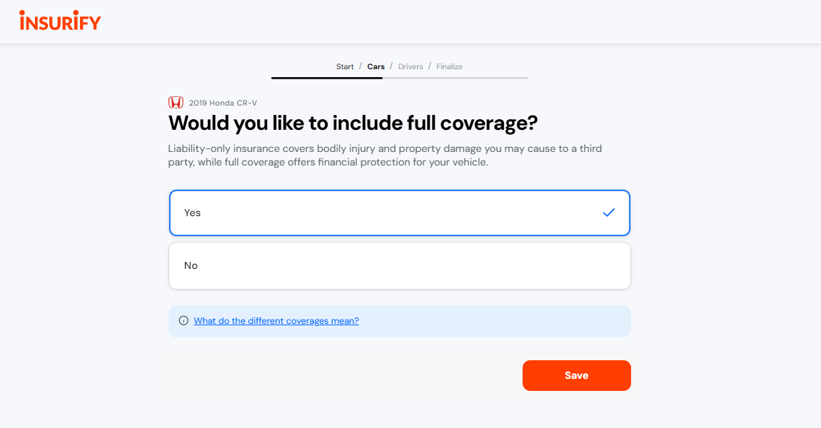 Insurify car insurance quote page requesting information about your coverage needs