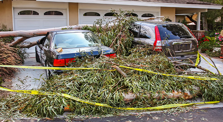 Cars in driveway damaged by fallen trees