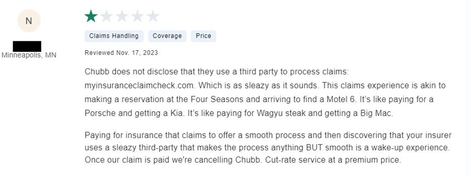 1-star Chubb Insurance review