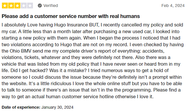 3-star review of Hugo auto insurance