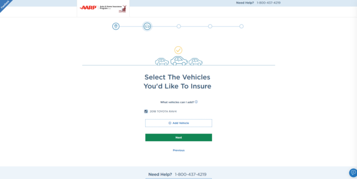 The Hartford quote page to select which vehicles to insure