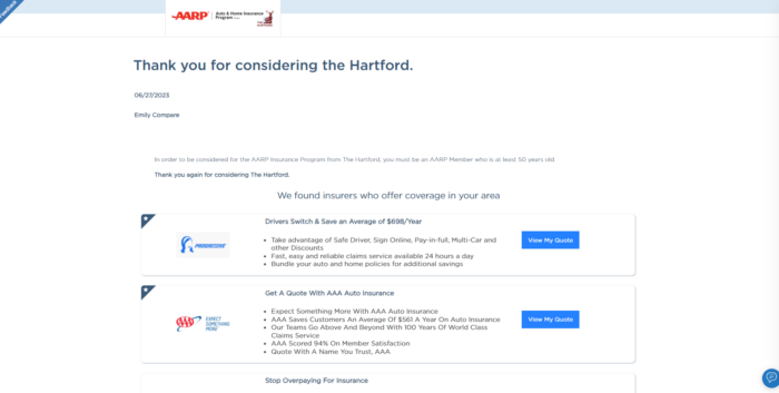 The Hartford quote result page