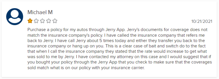 1-star customer review of Jerry insurance