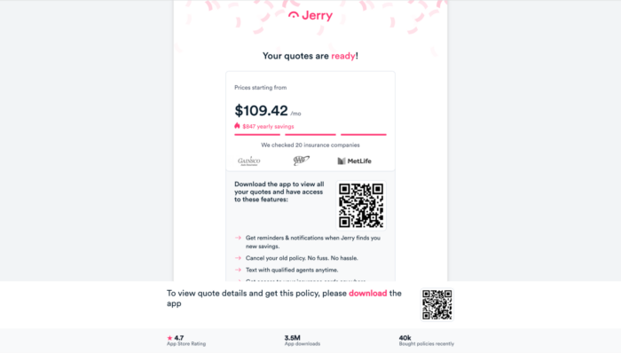 Jerry insurance quote page asking to download the app