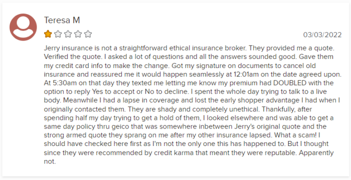 1-star customer review of Jerry insurance