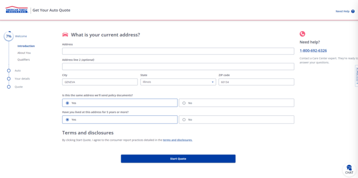 American Family quote page asking for current address