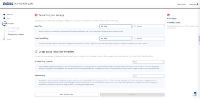 American Family quote page covering payment plans and usage based programs