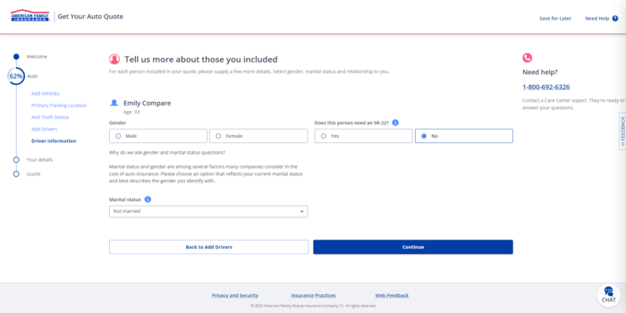 American Family quote page asking for additional personal information