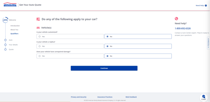 American Family quote page requesting vehicle information