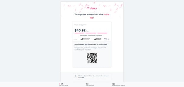 Jerry quote results page showing three real-time quotes