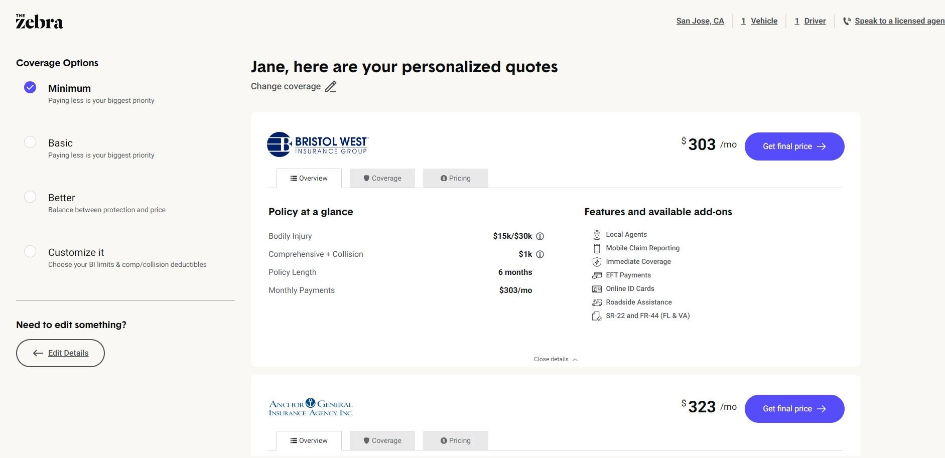 The Zebra quote results page showing three real-time quotes