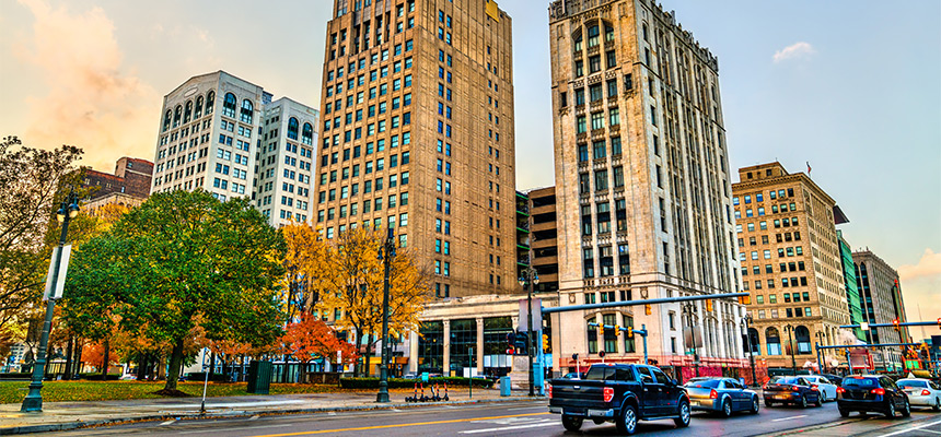 Downtown Detroit street during sunset