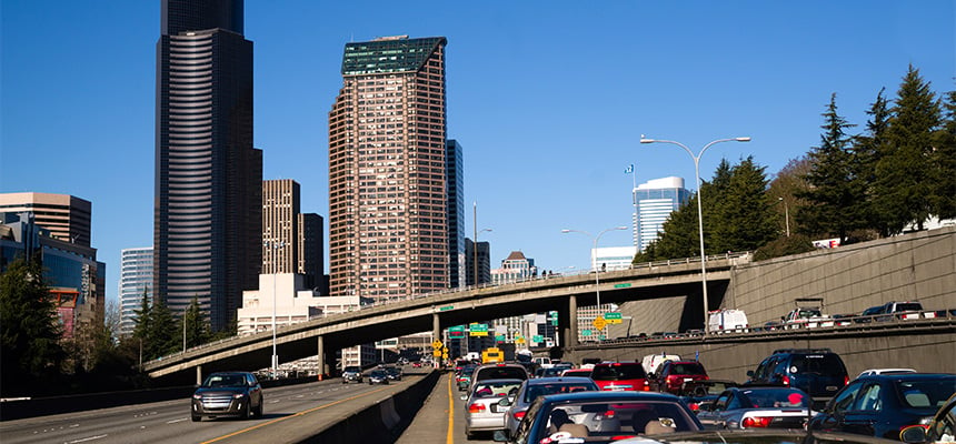 Wide shot of Seattle traffic during rush hour