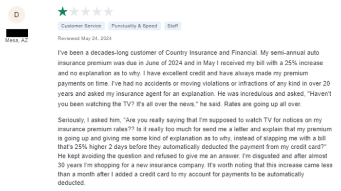 COUNTRY Financial 1-star review