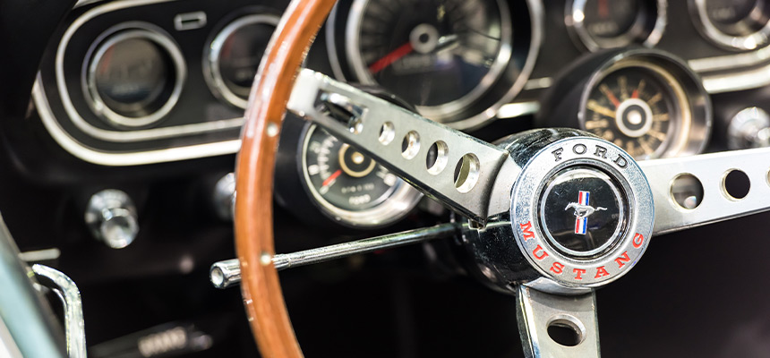 Closeup of a Ford Mustang steering wheel