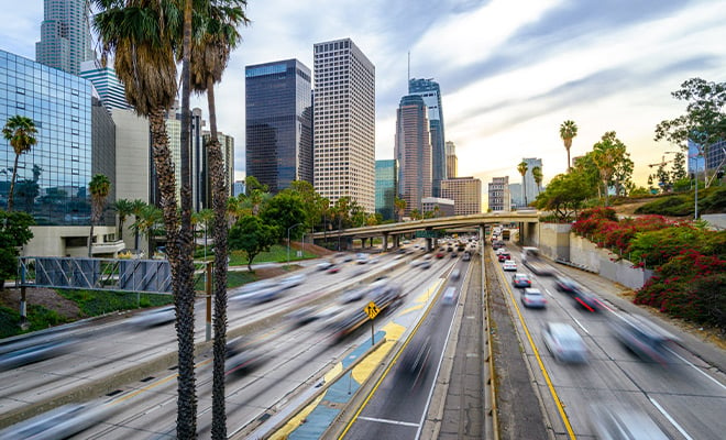 Wide shot of California highway during the day