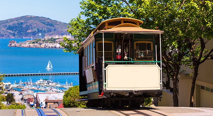 Street view of California featuring a trolley