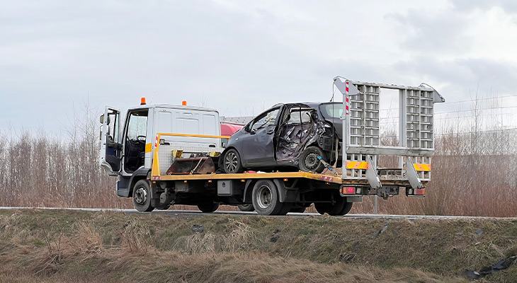 Towing truck carrying totaled car