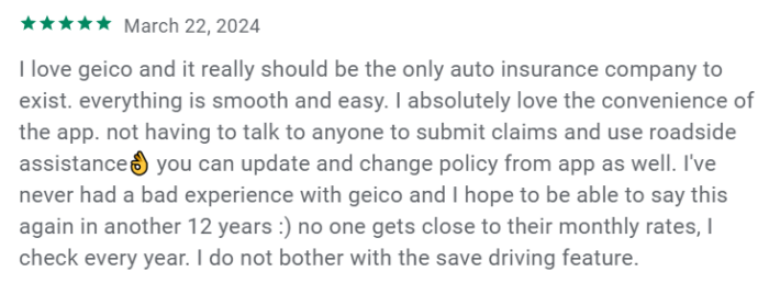 5-star review of GEICO app from app store