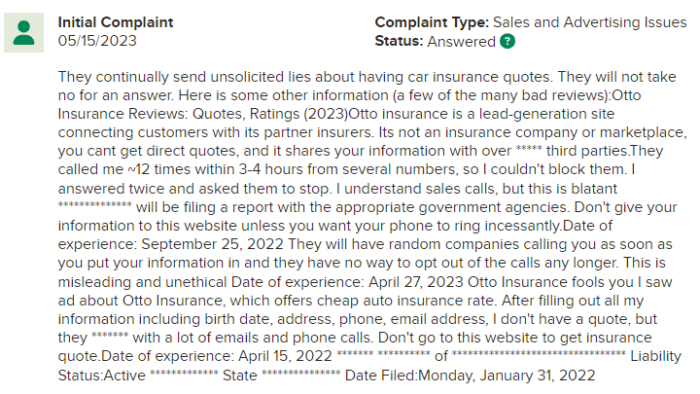 BBB complaint about Otto insurance