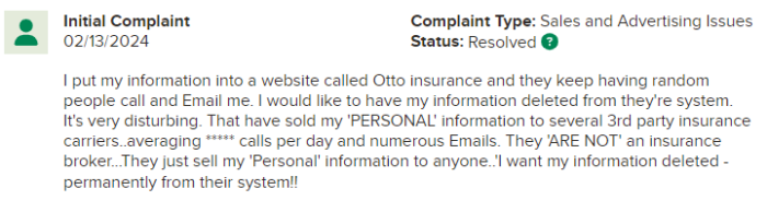 BBB complaint about Otto insurance