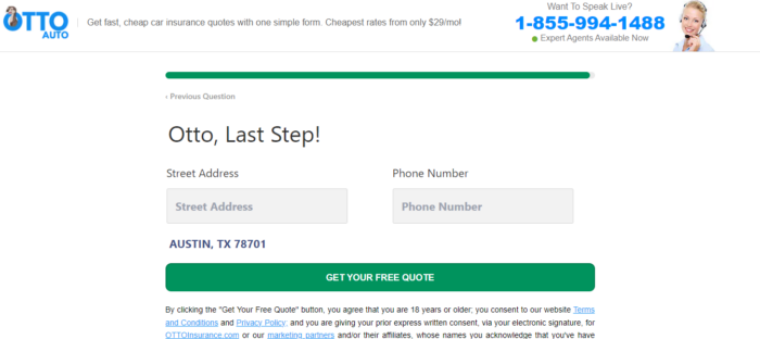 Otto insurance quote form asking for street address