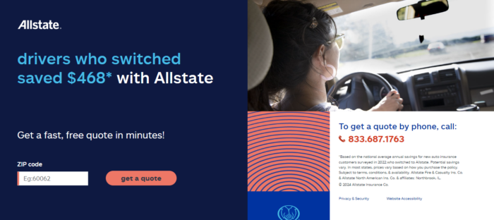 Allstate homepage that I was redirected to after getting a quote from Otto