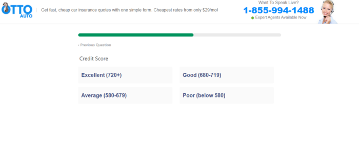 Otto insurance quote form asking for credit score