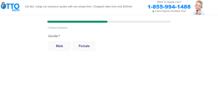 Otto insurance quote form asking for gender