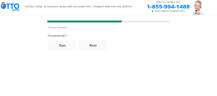 Otto insurance quote form asking for home ownership