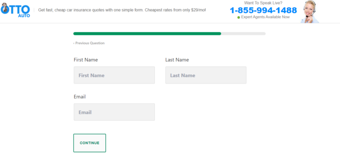 Otto insurance quote form asking for name and email address