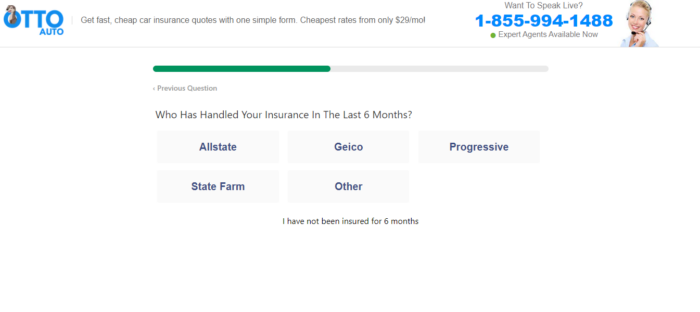 Otto insurance quote form asking for previous insurance