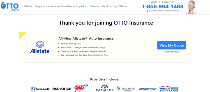 Otto insurance quote form result with advertisement