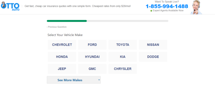 Otto insurance quote form asking for vehicle make